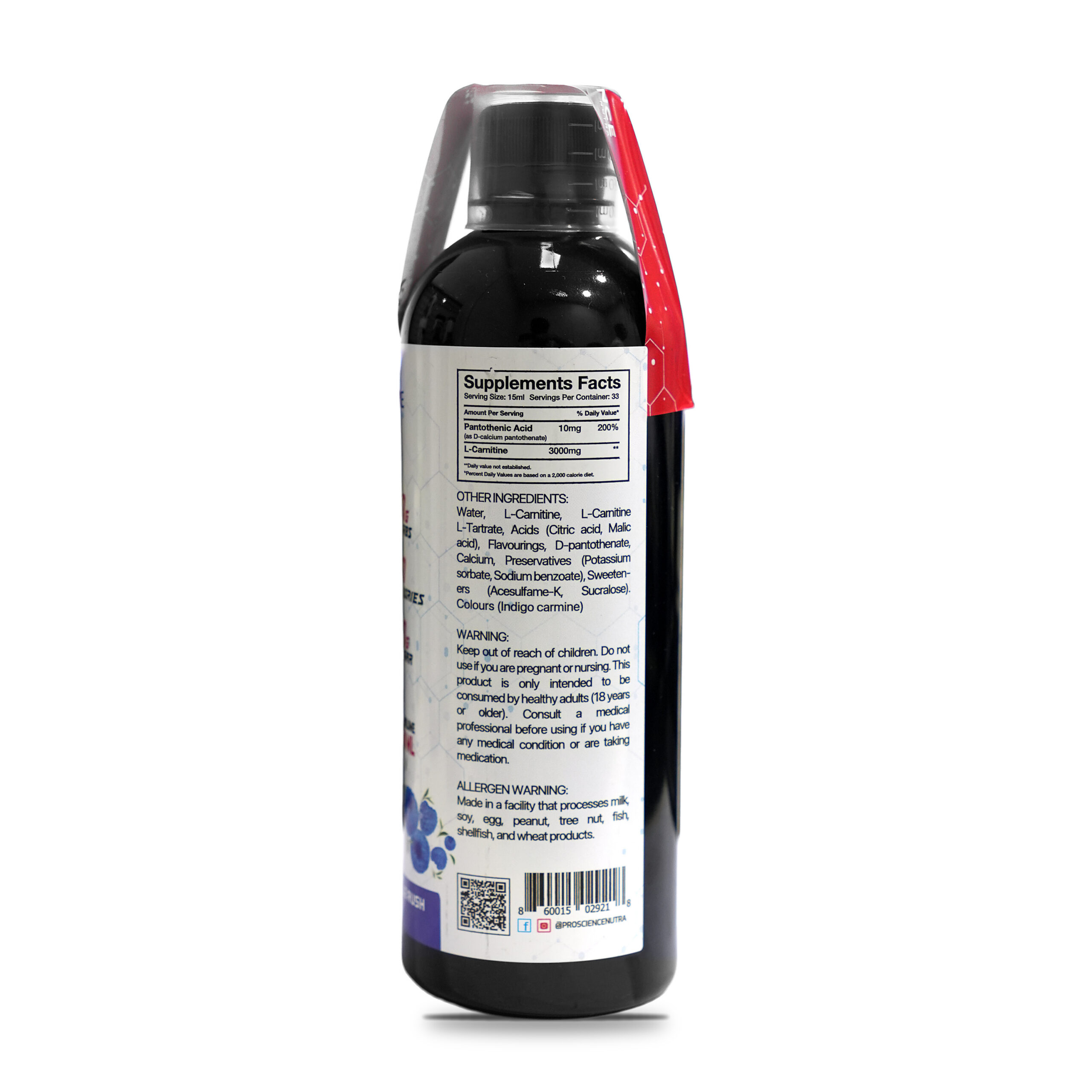 ProScience Nutra L-Carnitine Liquid 3000mg 500 ml Blue Rush bottle, supplement facts