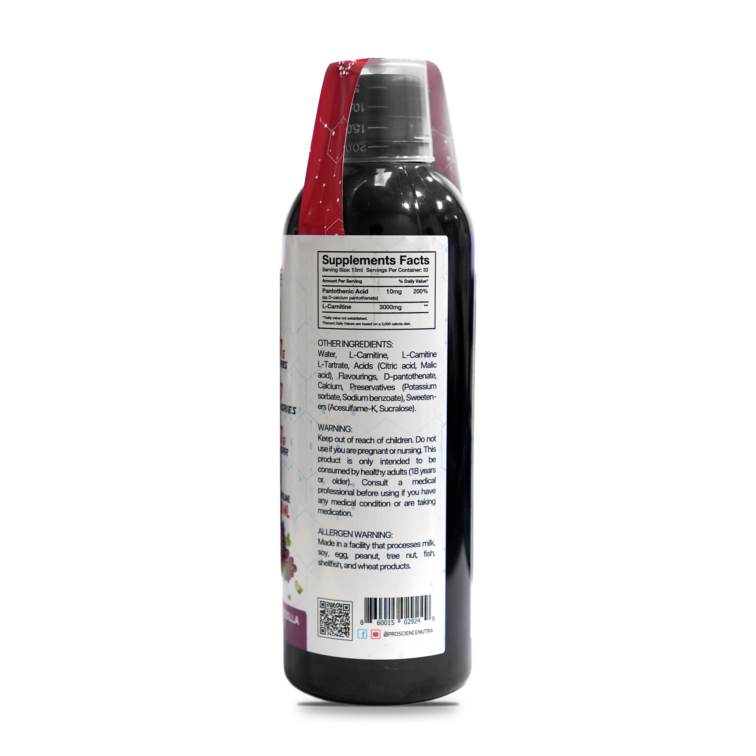 ProScience Nutra L-Carnitine Liquid 3000mg 500 ml Grapezilla bottle, supplement facts