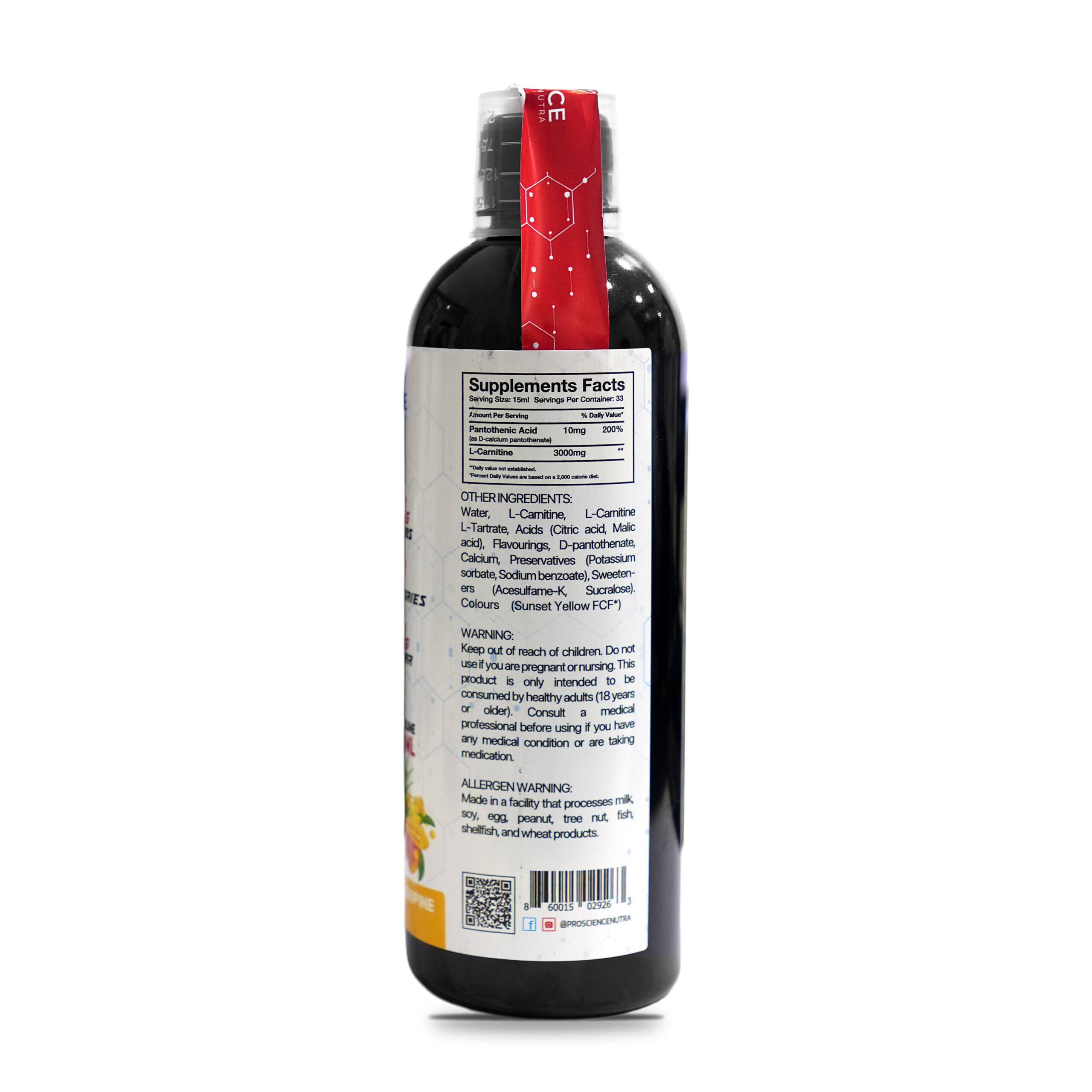 ProScience Nutra L-Carnitine Liquid 3000mg 500 ml Mangofina bottle, supplement facts